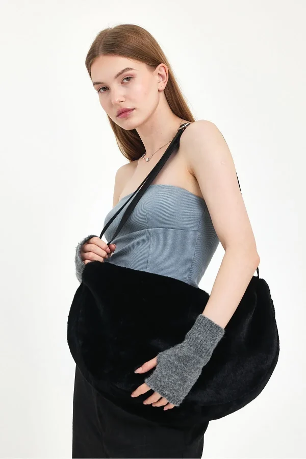 Fluffy Peluş Moon Bag Fermuarlı, Astarlı , Omuz & Çapraz / Spor & Günlük Çanta