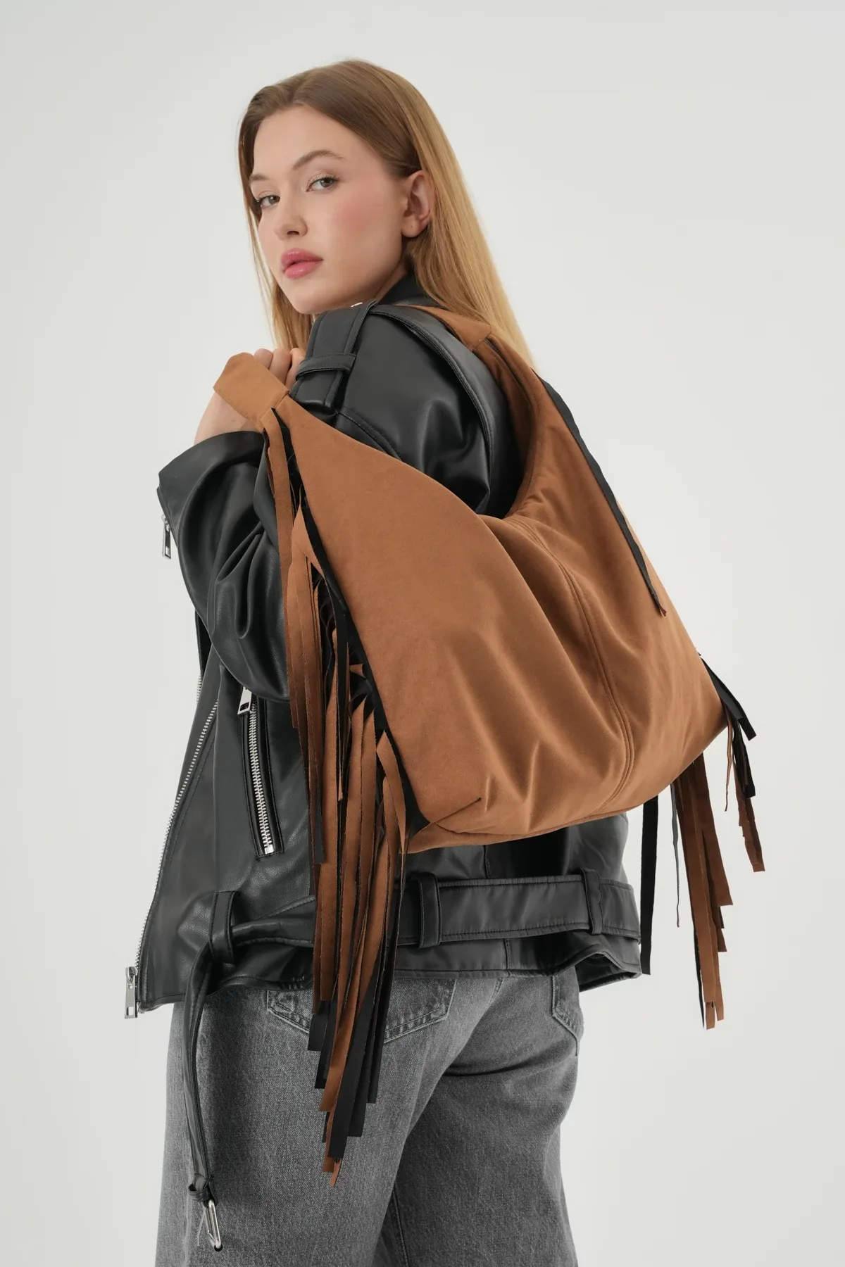 Süet Püsküllü Tote Bag / Süet Tote Kadın Omuz Çantası kahverengi